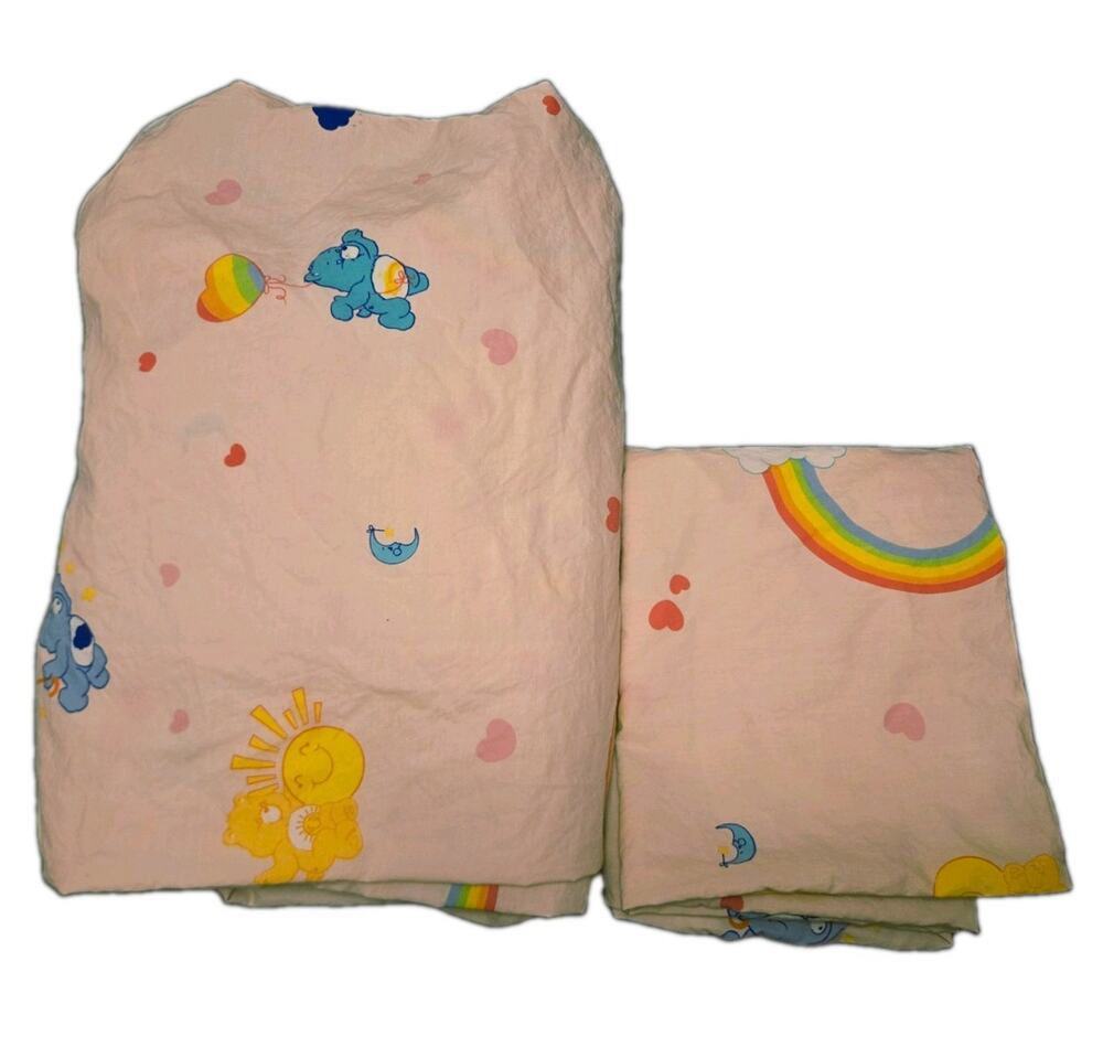 Care Bears Twin Fitted Sheet & Pillow Case 2 Piece Set Pink Rainbows Clouds Sun